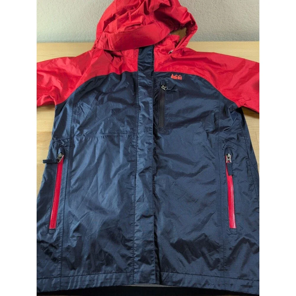 REI Jacket Boys Large 14-16 Red Blue Hooded Rain Seam Taped Waterproof Nylon